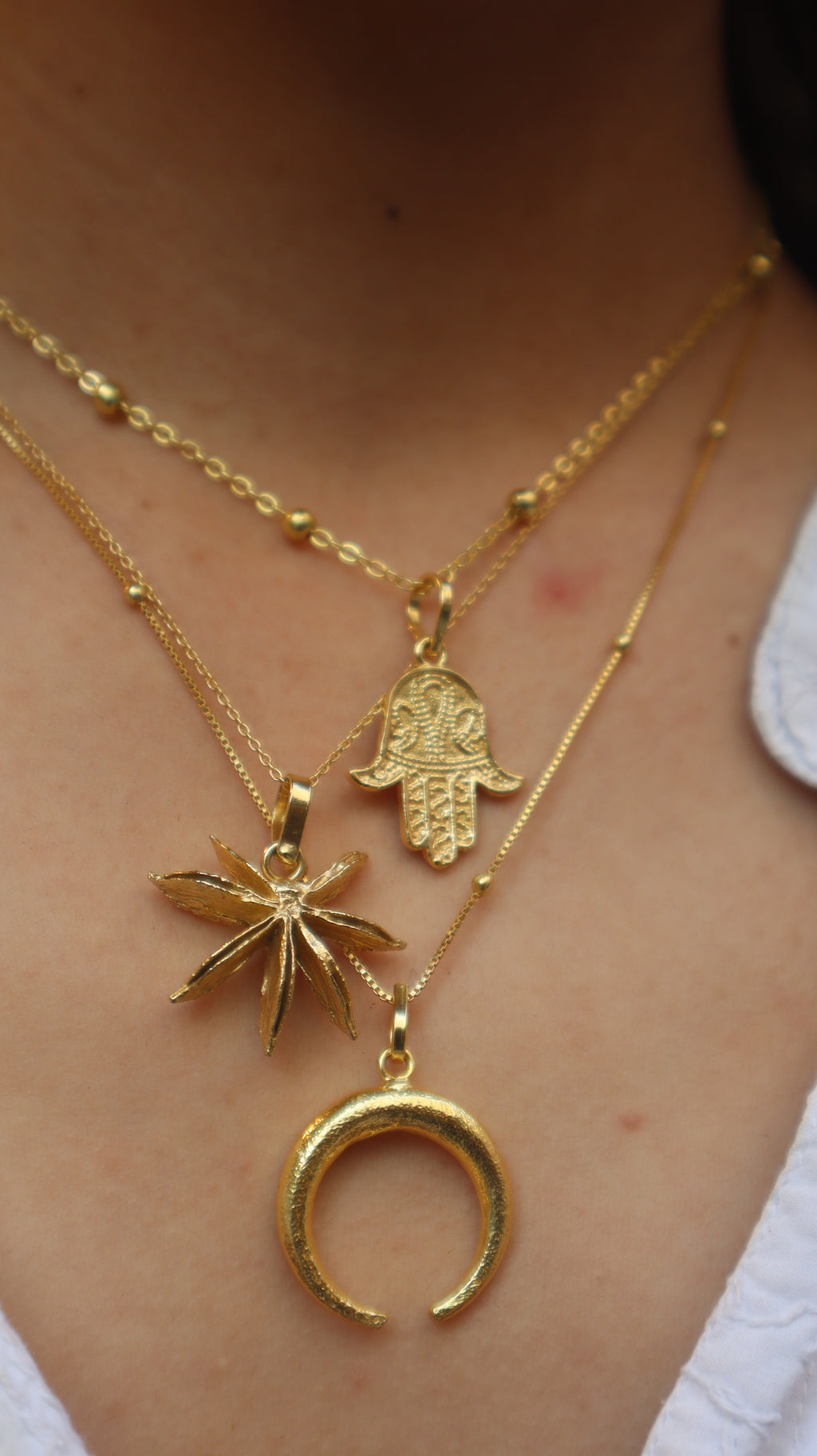 Set of 3- Star anise, Hamsa, Cresent moon pendant
